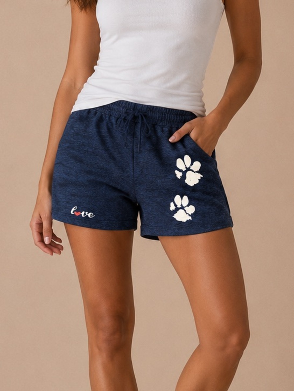 Navy Blue Paw Print Love Athletic Lounge Shorts Drawstring XL